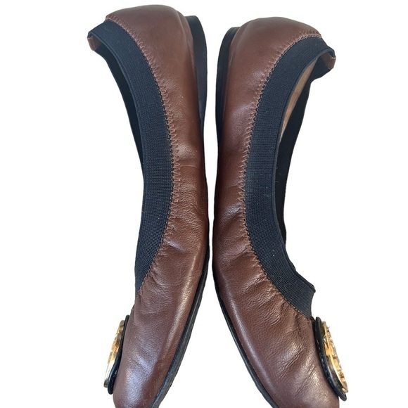 Tory Burch Caroline black and brown leather logo ballet flat shoes size 6.5 - Picture 8 of 14